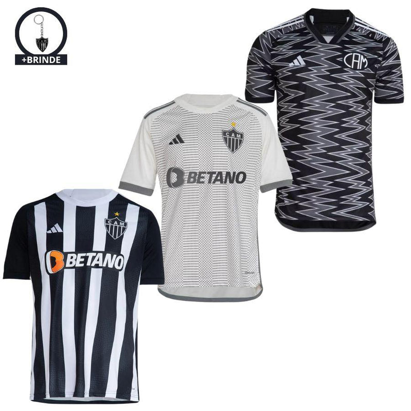 Kit 3 Camisas Atlético Mineiro 2024/25 Torcedor Masculino Titular, Reserva e Terceiro Uniforme + Brinde