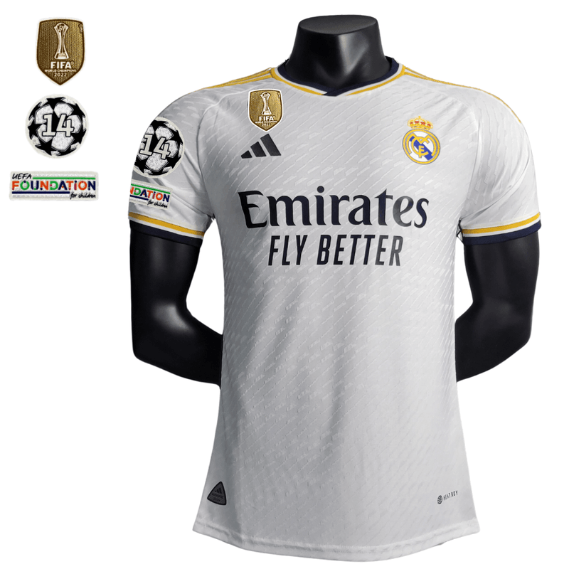 Camisa Real Madrid Titular 23/24 - Adidas Versão Jogador Masculina - Patchs Campeão Mundial