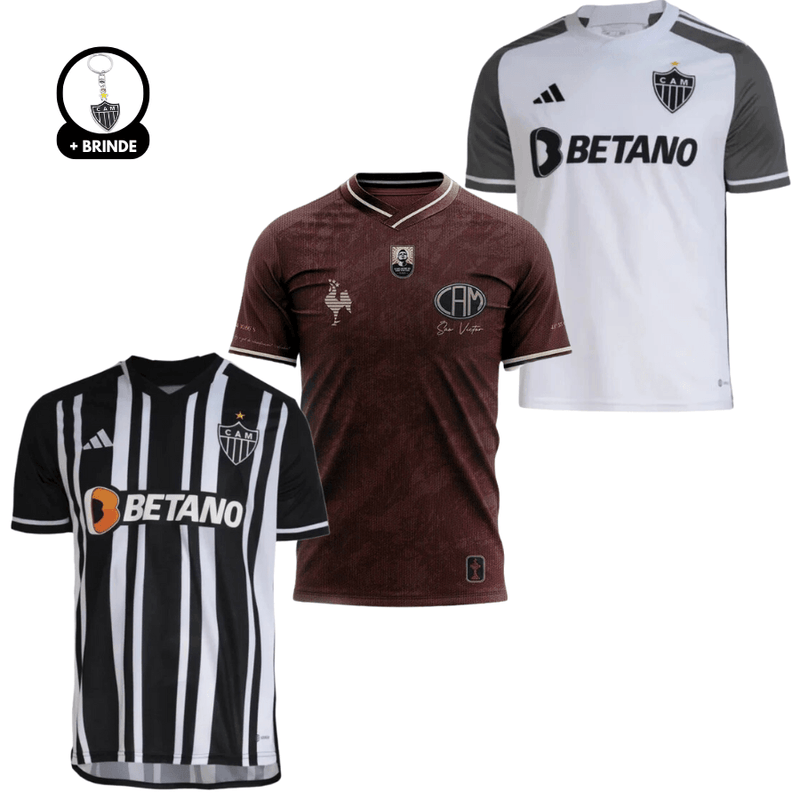 Kit 3 Camisas Atlético Mineiro 2024/25 Torcedor Masculino Titular, Reserva e Manto da Massa + Brinde